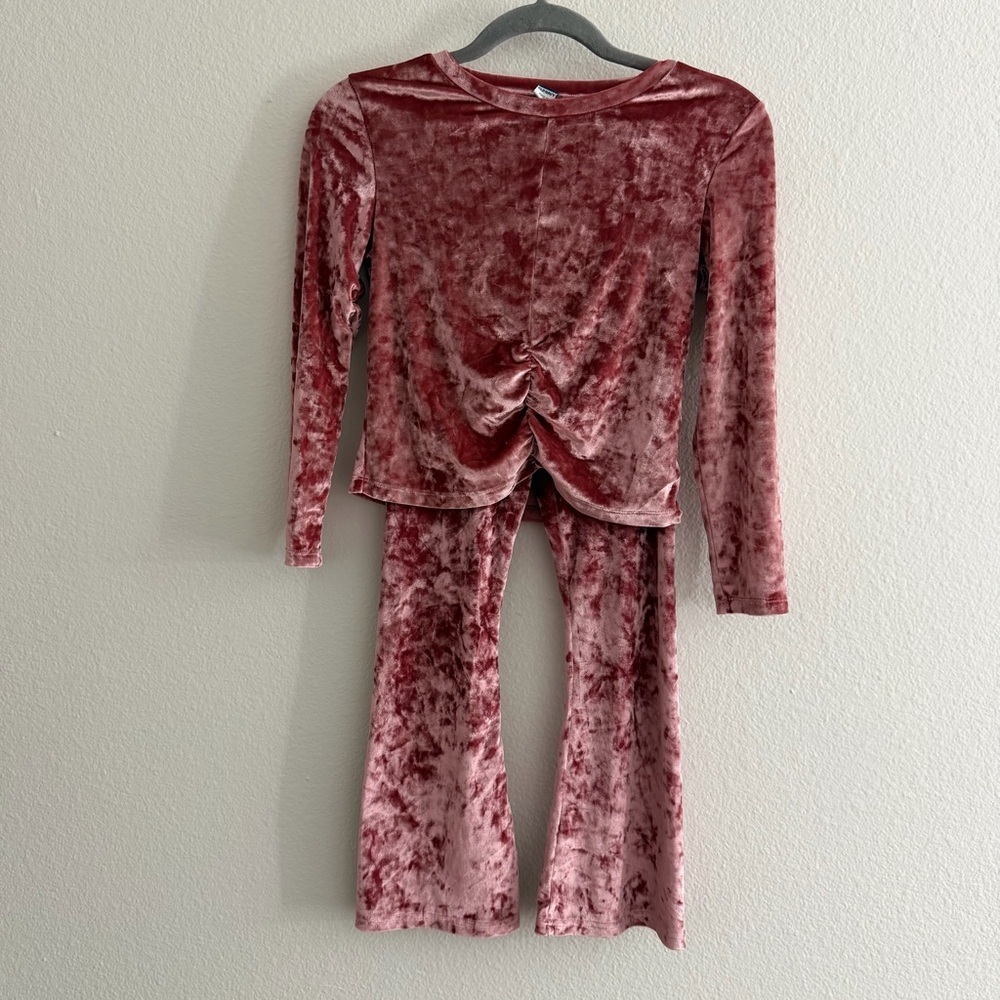 Old Navy Youth Girls Crushed Velvet Pink Two-Piece Set Ruched Top Flare Bottoms
